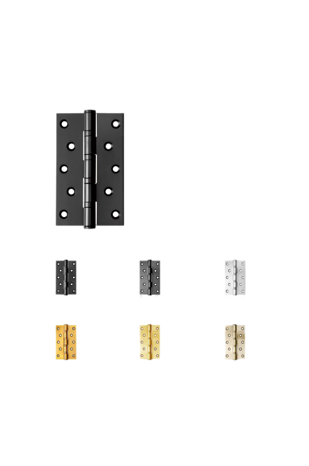 Set of black and gold door hinges on a white background