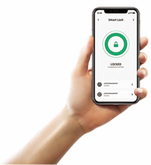 Hand holding a smartphone displaying a smart lock app on a white background