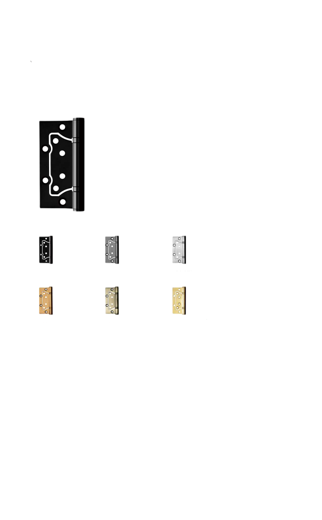 Set of door hinges in various finishes on a white background