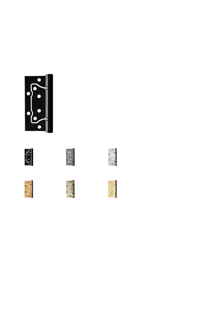 Set of door hinges in various finishes on a white background