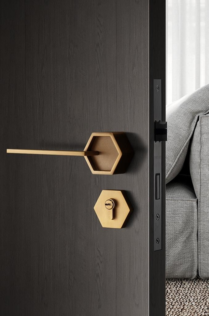 Hexagonal gold door handles on a dark wooden door with a gray sofa in the background.