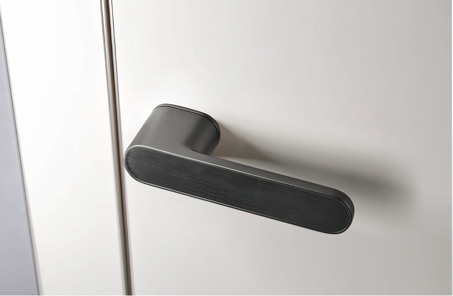 Metal door handle on a white door