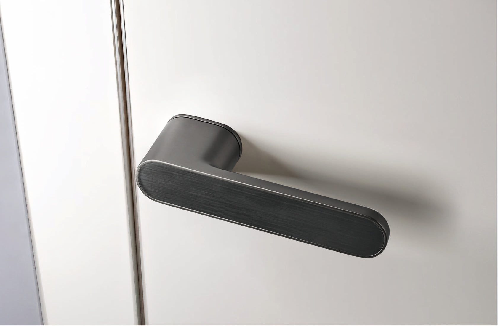 Metal door handle on a white door