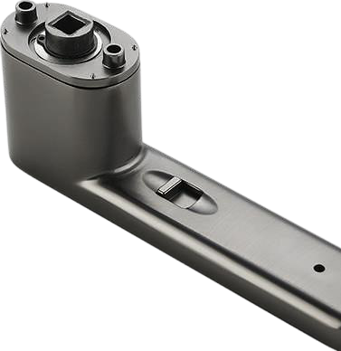 Close-up of a metallic tool or device on a white background