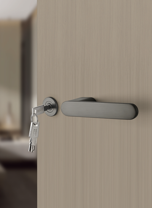 Close-up of a door handle and lock on a wooden door