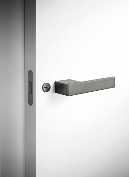 Close-up of a door handle and lock on a glass door