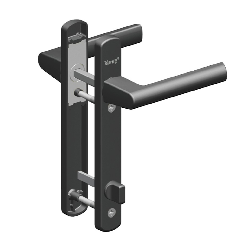 A 3D render of a modern, matte black L-shaped door handle and lock assembly by GUYU, displayed at a 45-degree angle on a white background. The image shows the handle connected to a vertical lock plate with the brand logo "GUYU" engraved. Key components like silver screws, a pivot axis, a circular locking knob, and a keyhole cover are clearly visible, highlighting the product