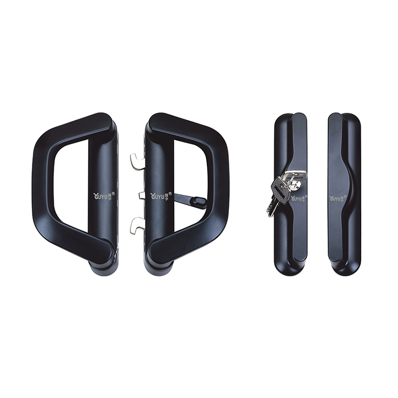 A complete set of GUYU brand black matte door and window handle lock components. The image shows two D-shaped handle levers placed side-by-side on the left, and a lock body plate with an inserted key along with its matching blank escutcheon on the right. All components feature a smooth, matte black finish with subtle highlights, showcasing a modern and minimalist design for architectural hardware.