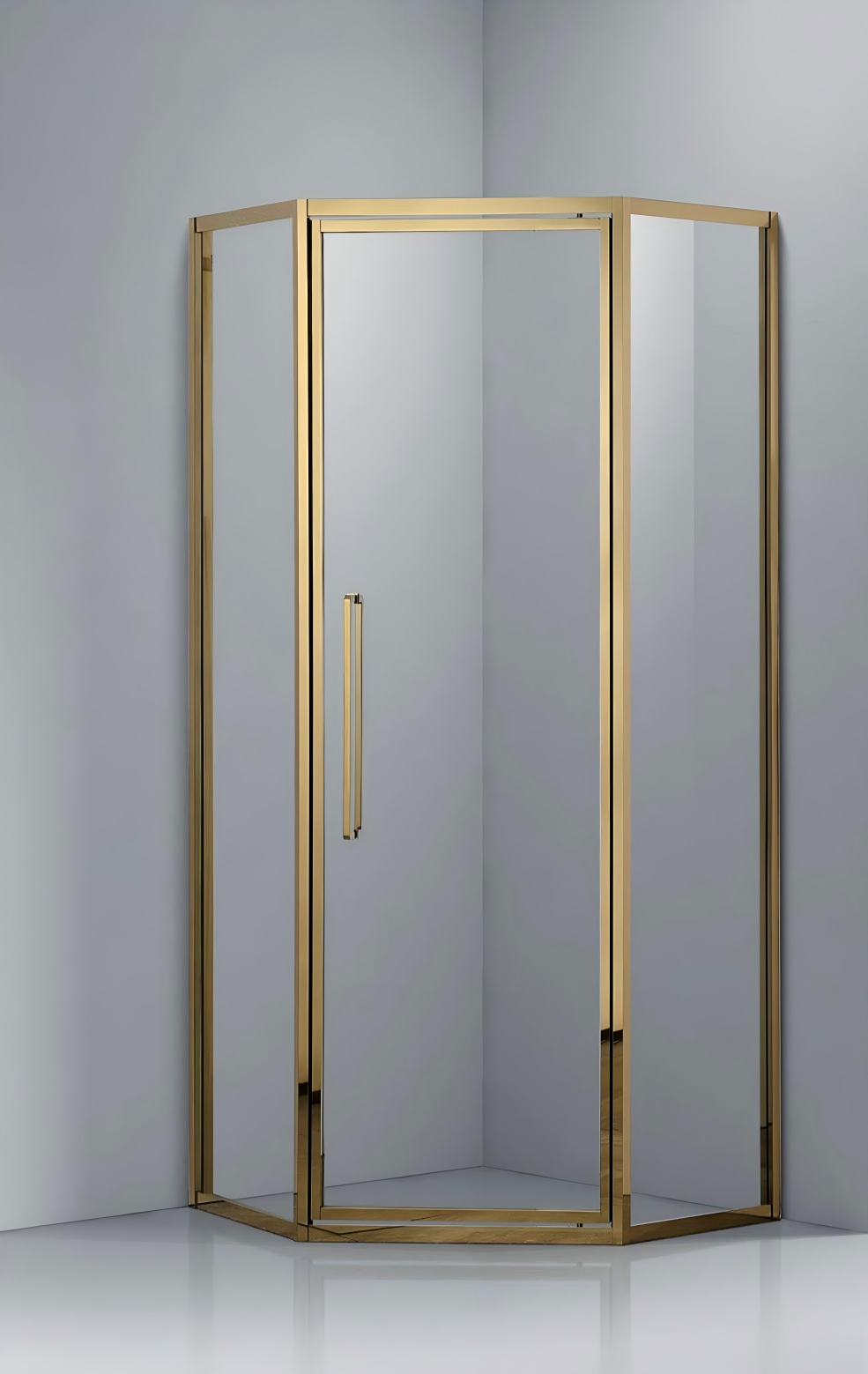 service-1 A modern pentagonal corner shower enclosure with a sleek gold-colored metal frame and clear tempered glass panels. The unit features a door with a vertical elongated gold handle, installed against a light grey wall with a light-colored floor. The design emphasizes clean lines, a spacious interior, and a luxurious aesthetic, suitable for contemporary bathroom settings.