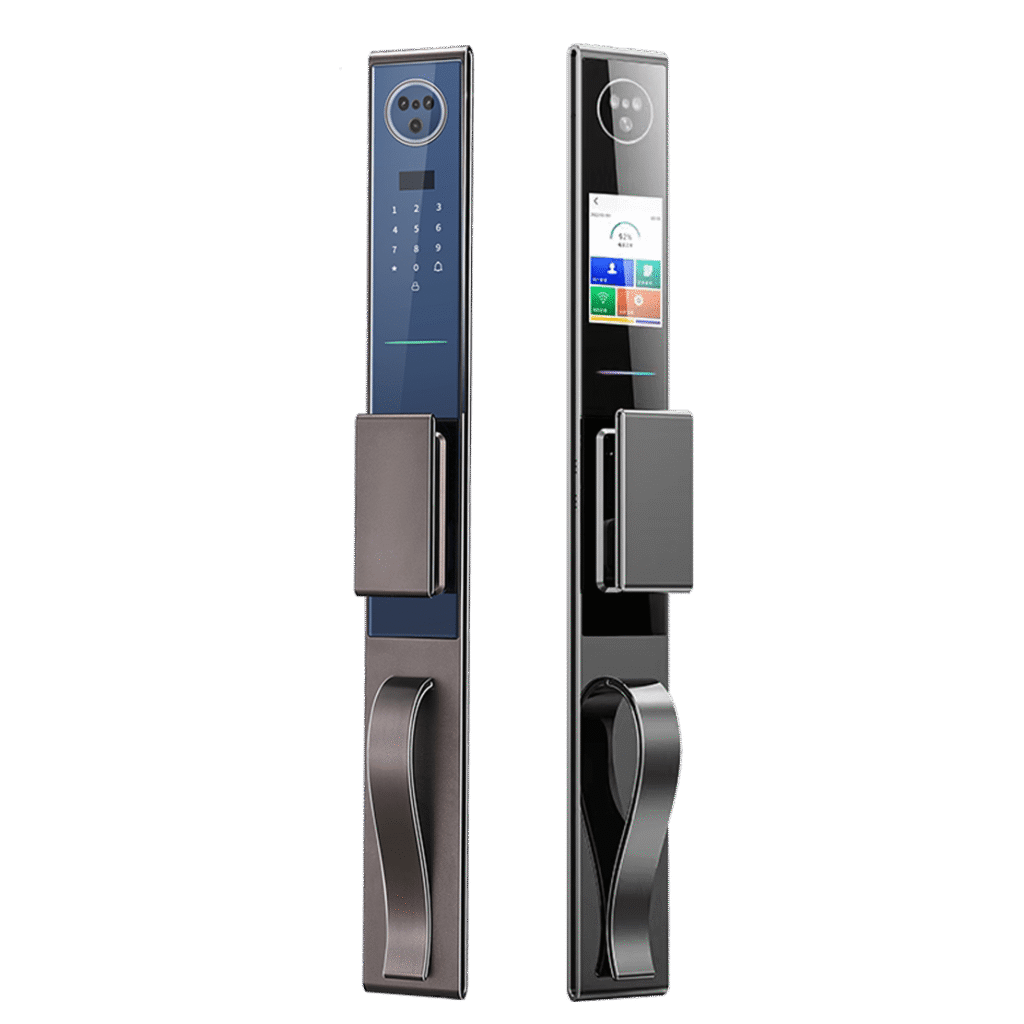 A comparison image of two modern smart door locks placed side-by-side on a pure white background. The left lock features a circular camera lens and a numeric keypad with digits 0-9, while the right lock has a color display screen showing icons and text. Both locks have sleek, curved handles in black and silver finishes, emphasizing a minimalist, tech-savvy design. The composition highlights differences in features such as camera integration versus screen functionality, showcasing contemporary smart lock aesthetics.