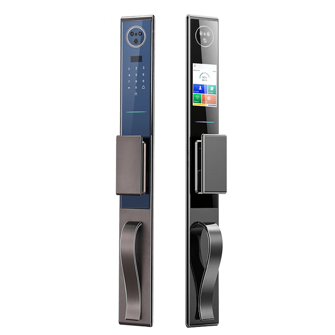 service-1 A comparison image of two modern smart door locks placed side-by-side on a pure white background. The left lock features a circular camera lens and a numeric keypad with digits 0-9, while the right lock has a color display screen showing icons and text. Both locks have sleek, curved handles in black and silver finishes, emphasizing a minimalist, tech-savvy design. The composition highlights differences in features such as camera integration versus screen functionality, showcasing contemporary smart lock aesthetics.