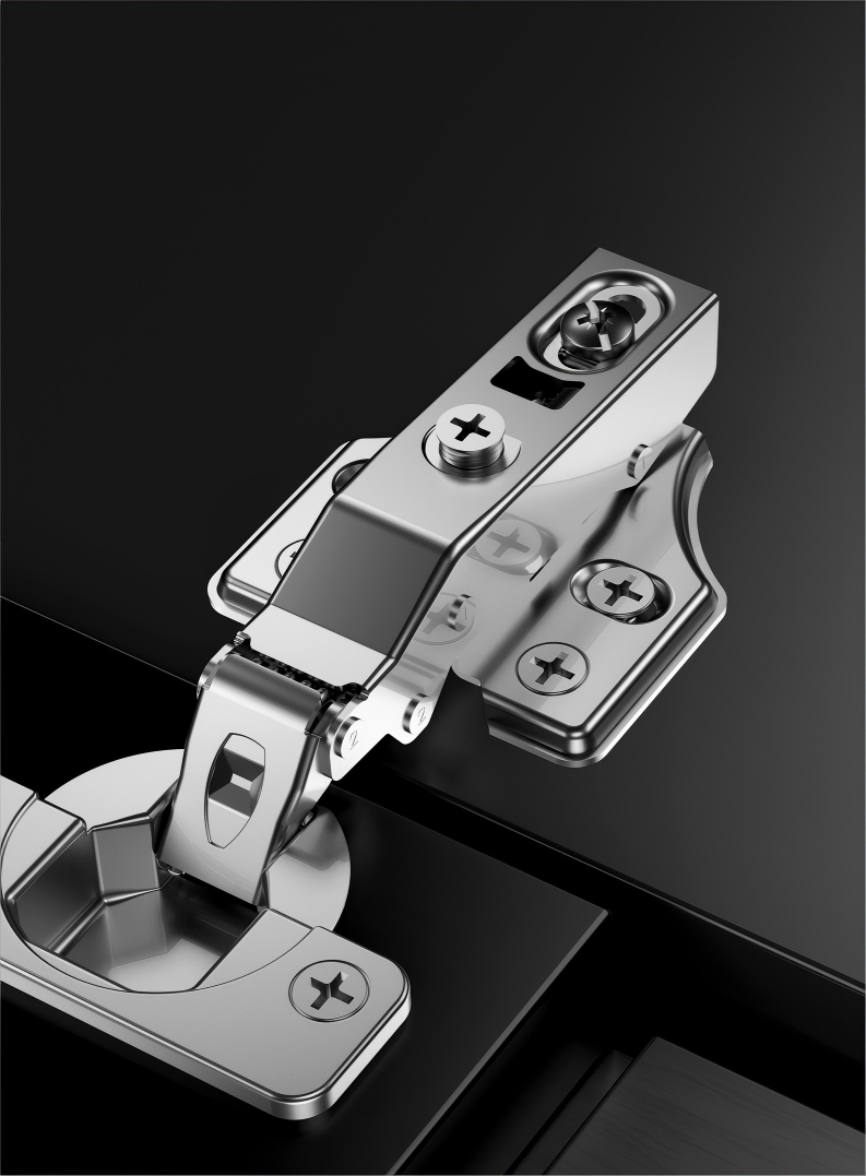 service-1 A close-up photograph of a precision-engineered silver metal hinge with a smooth, reflective surface and intricate mechanical structure, set against a dark background that contrasts and highlights its detailed craftsmanship.