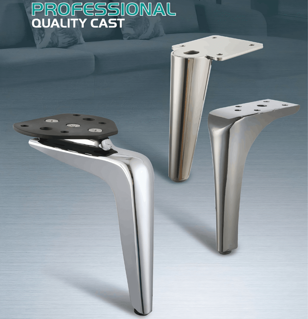 service-1 An advertisement image showcasing three similar models of modern, silver-chrome polished metal furniture legs. The legs feature a smooth, reflective finish and a sleek contemporary design. The foremost leg on the left is shown with a black triangular adapter plate with holes, while the middle and back legs display different flat connecting plate designs. The text "PROFESSIONAL QUALITY CAST" is prominently featured at the top in teal and white, emphasizing high-quality manufacturing.